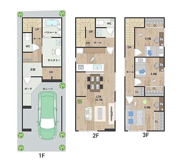 玄関には大容量のSICを設置。3階洋室3部屋にもすべて収納を備えた住まいで、すっきりと整う暮らしが実現します。《建物面積94.77m2、建物価格1999万円》