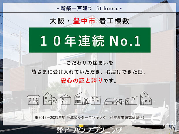 豊中市の着工棟数10年連続No.1を取得！※2012～2021年度 地域ビルダーランキングにおいて（住宅産業研究所調べ）