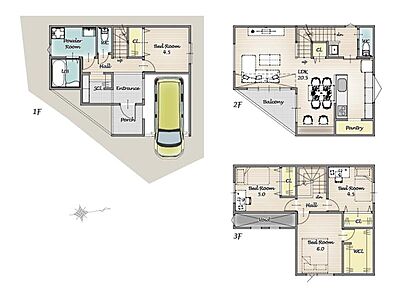 【建物面積：115.12m2、4LDK、建物価格：2035万円が別途かかります】開放感のある約20畳超の広々LDKに吹き抜けや南向きバルコニーを叶えた快適空間。ダイニング横にはスタディカウンターがあるから、夕食の支度をする傍で子どもの「宿題時間」として見守りながらの勉強スタイルも！ 