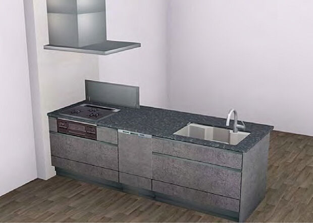 【システムキッチン】毎日の家事負担を軽減する深型食器洗浄乾燥機、タッチレス水栓（浄水器一体型）付き、背面にはカップボード付きで食器類や調理家電などをすっきりと収納します。