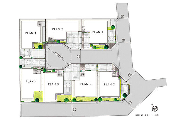 【街区内道路を中心としたコミュニティを育む街】
分譲地内には直径9mの転回道路と幅員5mの道路を配置。そこに各邸のカースペースやアプローチを抱き合わせることで、奥行きと開放感のある街を実現しました。
