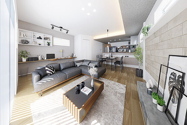 【灯かりと素材が演出する、ラグジュアリー空間】
+αの空間は定別設計とし、「ステージリビング」と「ワイドリビング」の2つのプランをご用意しました。空間の表情を豊かにする意匠も複数採用しています。