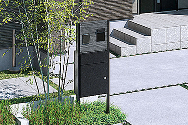 【【宅配ボックス付機能門柱】】インターフォン、ポストに加え、外出時でも荷物を受け取れる便利な宅配ボックス付き。スマートに構成され、街並みと調和するデザイン性の高さも魅力です。