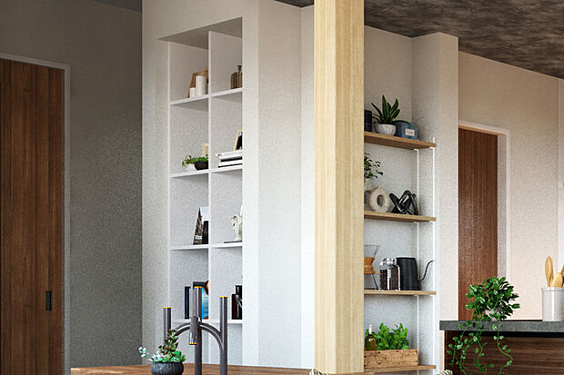 【【オープンシェルフ】】リビングの一角にお気に入りの雑貨や観葉植物などを飾って楽しめるオープンシェルフを設置しました。自分好みの空間を楽しめます。※号棟により採用状況が異なります。