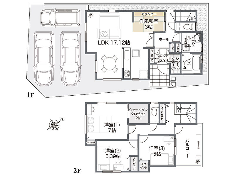 【間取り図/10号地】
LDKと和室を合わせると、20帖超の住空間！オープンキッチンは対面式で、ご家族と会話が弾みます。WIC、SC、システム収納など、随所に収納があり、すっきりと整う住まいです。