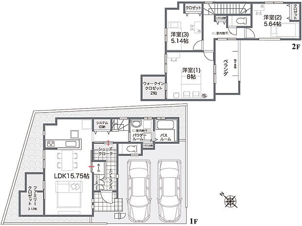【3LDK】玄関は2WAY動線、家族用とゲスト用と分けることも◎LDKに約3.12帖のFCLがあり、衣類の他季節家電等も収納可能。WIC併設の主寝室、他室内随所に収納を設けた住まい。屋根付きベランダ有り。