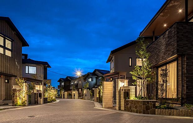 【街並み】穏やかな光が街並みを照らし、街路沿いの植栽が夜景に美しく映えるようにデザインされた照明計画。