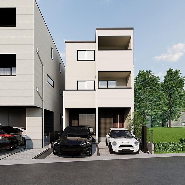 【B棟外観イメージ図】シンプルモダンなデザインの外観。並列2台の駐車場完備。