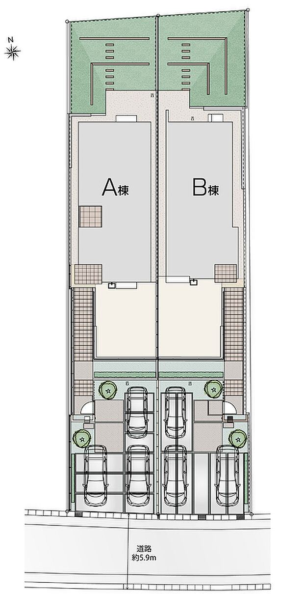 【全体区画図】80坪超の敷地面積。約8~9坪の南庭。駐車場は3台駐車可。