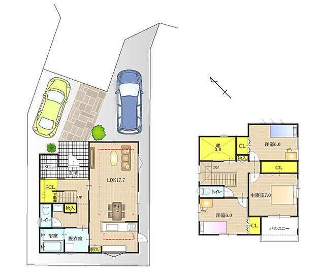 【BV3播磨町二子2号地】。約17帖ＬＤＫから水廻りをまとめ2wayの脱衣室を介して回遊できる家事ラク＆生活動線もスムーズな間取り！ファミリークローゼットや３帖の蔵など収納力も嬉しい！