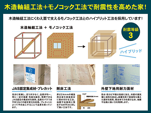 【木造軸組工法+モノコック工法の耐震等級3の家】設計自由度の高い木造軸組工法に加え、面で支えるモノコック工法とのハイブリット工法を採用し耐震性を高めています