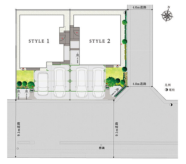【日当たりの良い南道路に面する2邸】
幅員9mの南道路に面する採光に恵まれた2邸の街。オープン外構が開放感とゆとりを創出します。緑が沿道に潤いをもたらす邸宅を印象付けるいえなみです。