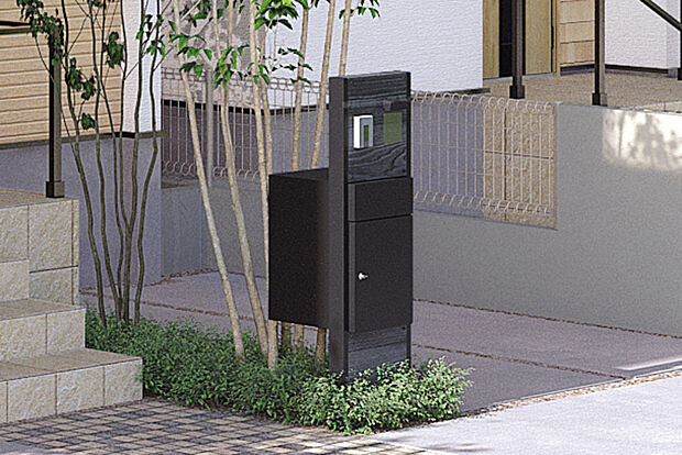 【宅配ボックス付機能性門柱】宅配ボックスを備えたスタイリッシュな機能性門柱。不在時はもちろん、在宅時でも対面せずに荷物が受け取れます。
