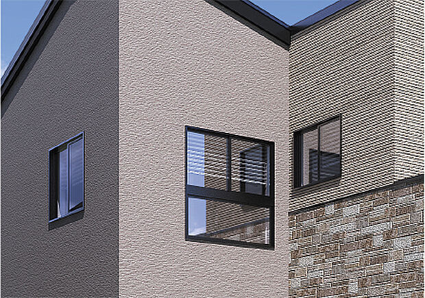 【アクセントとなるデザイン窓】スクエアや縦スリットなどさまざまな窓を採用。ナチュラルモダンの外観に程よいアクセントを加えます。