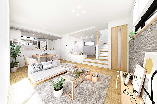 【【1号棟内観パース】】リビングとつながる場所に2スタイルの+αの空間をご用意しました。家族の気配を感じながら、家事や自分時間など暮らしの場面を心地よく過ごせます。