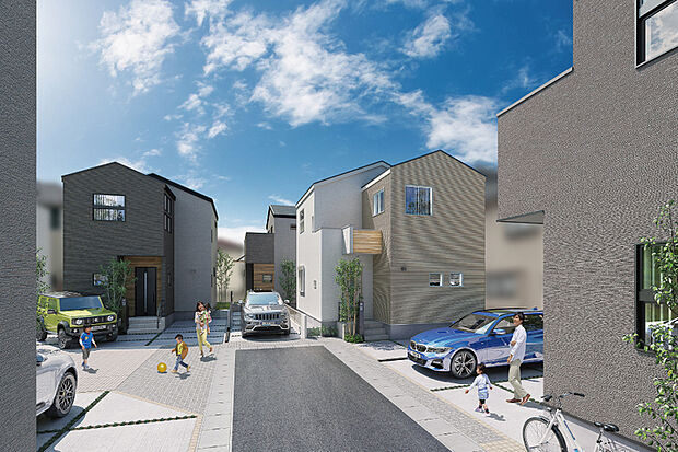 【モダンなフォルムが映える、街区内に広がりが生まれる街】切妻屋根で統一したモダンなフォルムと落ち着きのある温もりを漂わせる木目調のアクセントが目を惹く外観デザイン。通り抜けができない街区内道路の安全性に加えて、街区内の共用部が広がりを演出します。