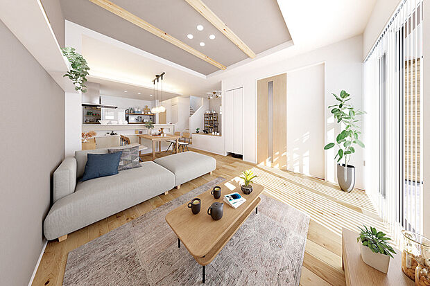 【【INNER DESIGN】】居心地の良い空間を創出する室内プランニング。リビングの天井にはアクセントクロスと木の温もりを感じられる化粧梁を採用。空間に奥行を演出します。