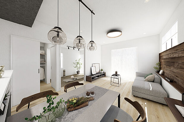 【自在空間のある家】家族が集うリビングの隣に可変する空間をレイアウト。戸を開けることでゆるやかに繋がる一体となった空間に。閉めればほっとひと息つける個室としても。自在な空間と大容量の収納を操り、心地良い日常を叶えます。