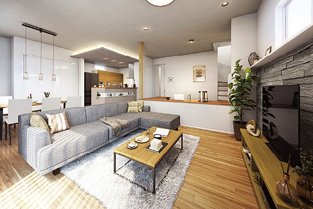 【暮らしの時間が、美しく咲いていく邸別街区の住まい】重厚な石目素材が醸し出す落ち着きと、空間にやさしく広がる光の演出。のびやかなリビングダイニング空間に連なる+aのスペースが、家族それぞれの時間を受け止めながら、日々を豊かに咲かせていきます。