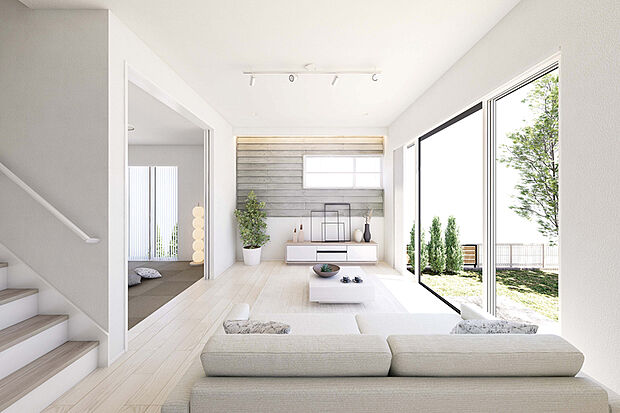 【【インナーパース/マルチルーム】】リビングの延長にプラスαなマルチルームを設置。柔らかなテキスタイルフロア敷なので、お子さまの遊び場やフィットネスにも最適。スライドドアの開閉で多目的に使えるスペースです。