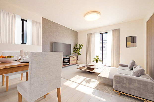 【リビング】開放感あふれる二面採光のリビング空間。※家具や小物はCGによるイメージです