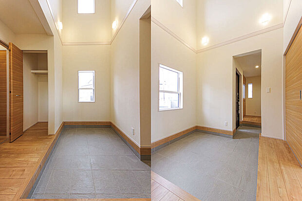 【吹き抜けのある開放的な玄関(4号棟)】広々としたエントランスホール。複数人同時に靴を履けたり、混雑せずスムーズに使えて便利です。