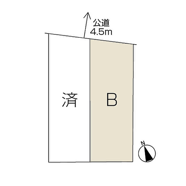 【全体区画図】前面道路は幅員4.5mの公道を確保。車の出し入れも落ち着いておこなえる、ゆったりとした住環境です。