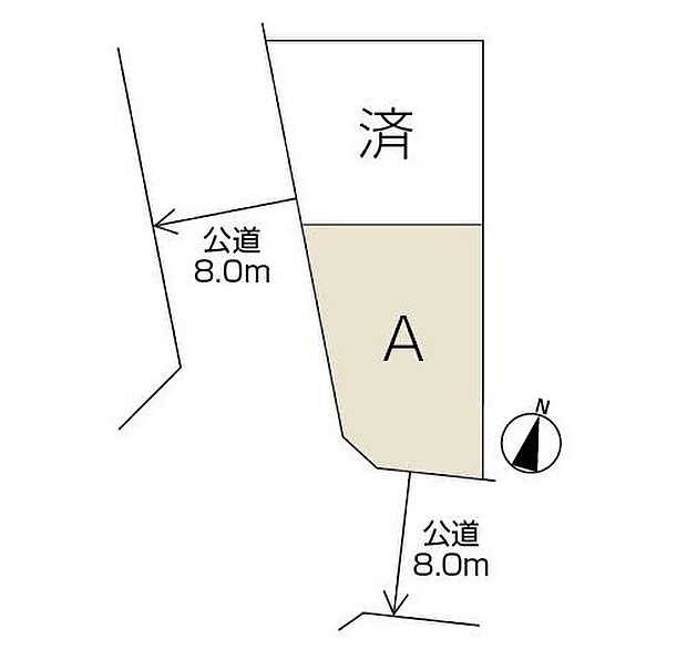 【全体区画図】前面道路は東側も南側も8mと駐車に余裕の持てる広さです