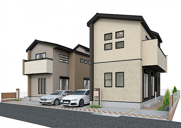 【完成予想図（外観）】　西武新宿線「花小金井」駅まで徒歩15分の立地に、全2棟の新築戸建が誕生します。繰り返す地震に強い「制震ダンパー」搭載など、耐震性・快適性にこだわった住まいです。