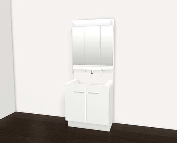 【洗面化粧台】ワイドタイプの洗面化粧台、鏡の裏には収納棚もあるので、大変便利です。