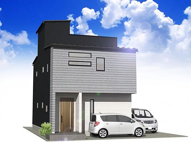 【【完成予想図(4号棟)】】駐車スペースは急な来客にも対応可能な2台分を完備しています。また屋上にはスカイバルコニーを設置しているため、休日はアウトドアリビングでゆっくりとお過ごしいただけます。