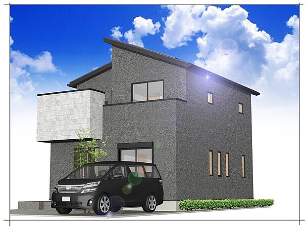 【完成予想図(外観)】石目調の外壁をワンポイントとした外観の5号棟。分譲地内最大のバルコニーがあります。また車種にもよりますが駐車3台も可能です。