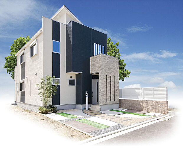 【建物プラン例(外観写真)】特徴的な窓をつけてスタイリッシュなイメージに仕上げました。