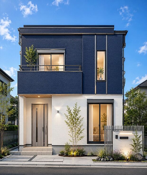 【ミヤマでマイスタイルのお家をミヤマイスタイル!】1階と2階でアクセントカラーを使い分け、立体感と奥行きを演出。モダンで斬新なデザインが際立つ、存在感あふれる外観に仕上げました。(参考イメージパース)
