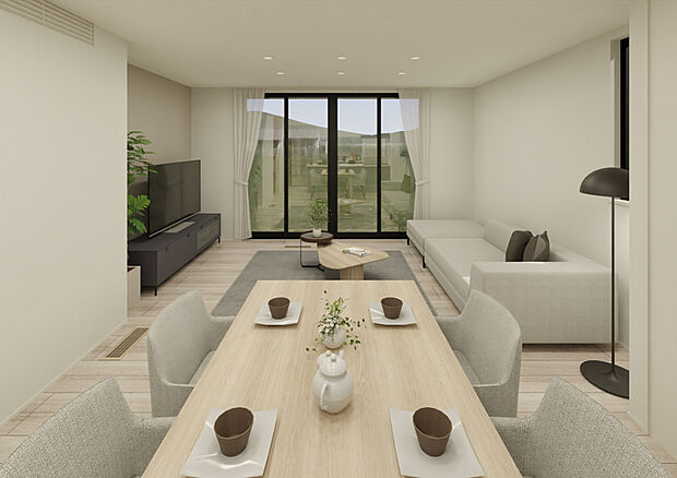 【No.4 LDK】キッチンからリビング、ダイニング、お庭まで一直線。解放感に加えて、お庭や外で遊ぶお子様の様子も見守れる、やさしい視線のある暮らしを実現。