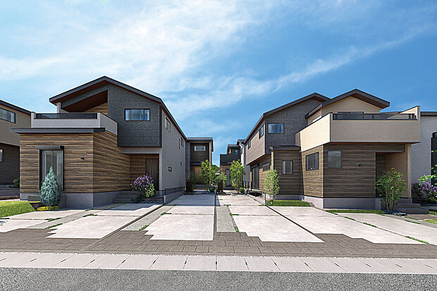 【美しい街並みを創り出す趣のある邸宅風の外観】
気品が伝わる屋根の形状や軒の深さ、水平ラインを揃えた統一感や切妻が連続するリズム感を持たせた外観デザインで、整いのある佇まいを創出します。