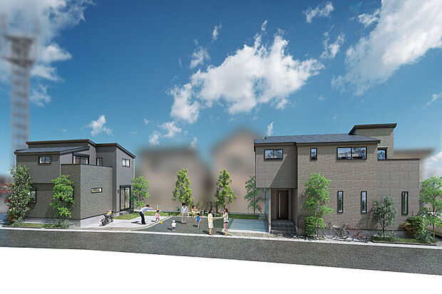 【心地良い空を感じ絆を紡ぐ2邸の住まい】
コミュニティや快適性を創出するエクステリアを採用した開放的な街区。2台カースペースやサイクルスペースを確保し、建物や庭にゆとりを創出しています。