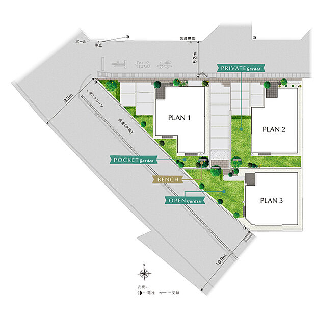 【ゆとりある敷地だからこそ愉しめる暮らし】
2台分カースペースと庭を確保したプランニング。隣棟間隔にも配慮することでプライバシーと開放感を両立させ、ゆとりと心地よさに満ちた住まいを実現しました。