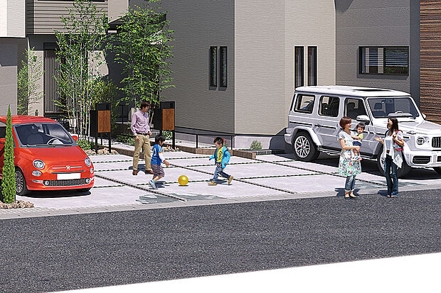 【【カースペースやアプローチが生む空間】】隣邸のカースペースやアプローチを並べて配置することで、陽光が豊かに降り注ぐ陽だまり空間を生み出しました。※号棟により採用状況が異なります。