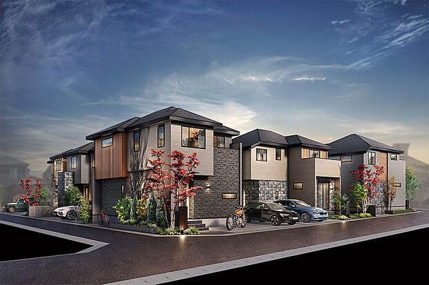 【【灯かりが演出する美しい街並み】】モニュメントや天然石、植栽を取り入れた外構計画により、統一感の中にも個性が息づく住環境を実現しました。夜間は、外部照明が植栽や家並みを美しく照らします。