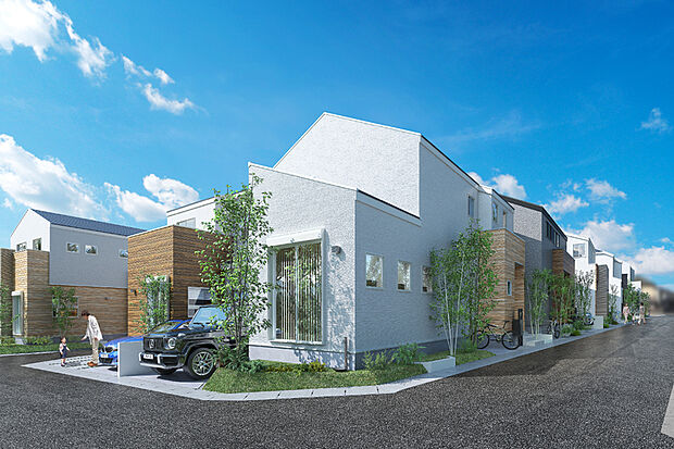 切妻屋根と木目調デザインのモダンスタイルの街並み