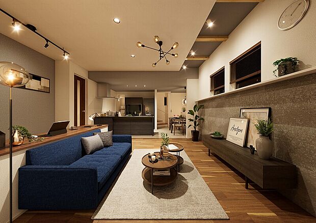 「段差空間のあるホテルライクなリビング」
重厚感あるSOLIDが、落ち着いた大人な雰囲気のリビングを演出。
※掲載のパースは図面を基に描いたもので、実際とは多少異なります。