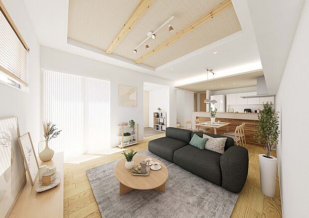 「テキスタイルルームのあるナチュラルなリビング」
木の化粧梁や壁在と照明が響きあう、デザイン性の高いリビング。
※掲載のパースは図面を基に描いたもので、実際とは多少異なります。