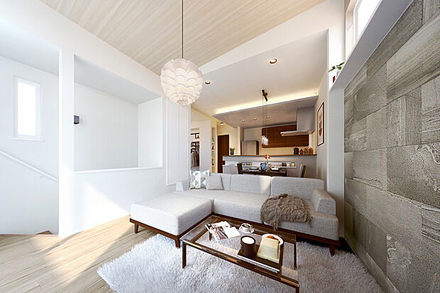 縦への奥行を感じさせる勾配天井と2階リビングの明るく開放感のある空間を、小上がりスペースを設けることでゆるやかにジーニングしました。
※掲載のパースは図面を基に描き起こしたもので実際とは多少異なります