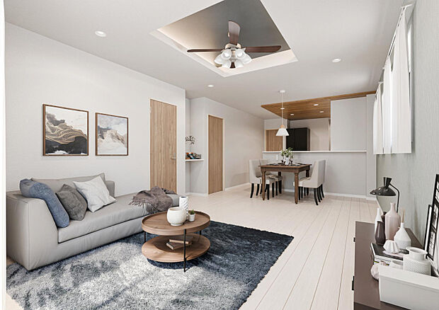 2号棟:リビング　図面に基づくCGパースとなります。家具は販売対象ではございません。