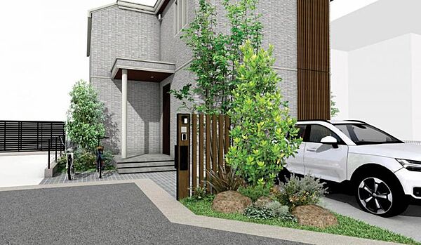 No.2_外観パース1　端正なフォルムと豊かな植栽が織りなす、美しい邸宅風景。※画像はすべてCGです。