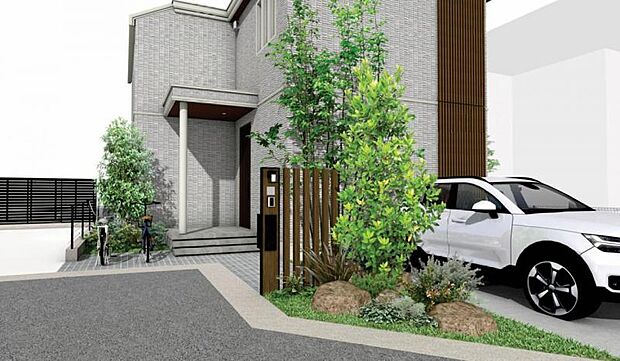 No.2_外観パース1 端正なフォルムと豊かな植栽が織りなす、美しい邸宅風景。※画像はすべてCGです。