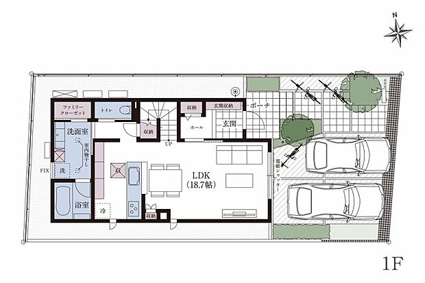 No.1_間取り図1F　ゆとりある2台駐車場に使い勝手のよいLDK。リビング内階段で家族の会話が自然と生まれます。