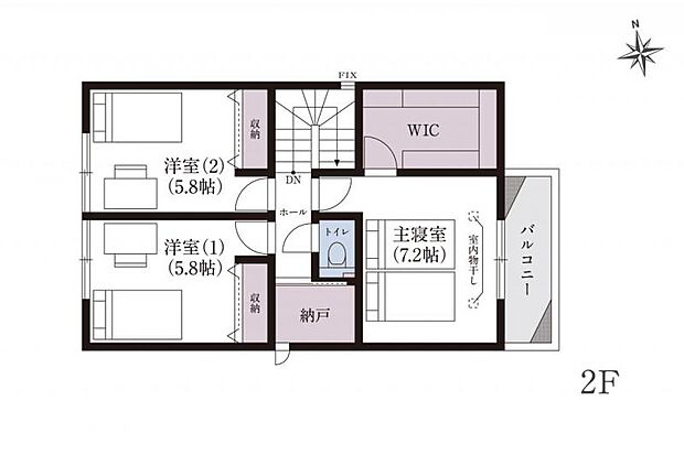 No.1_間取り図2F 大容量のW.I.Cを備えた主寝室には室内物干しも完備。