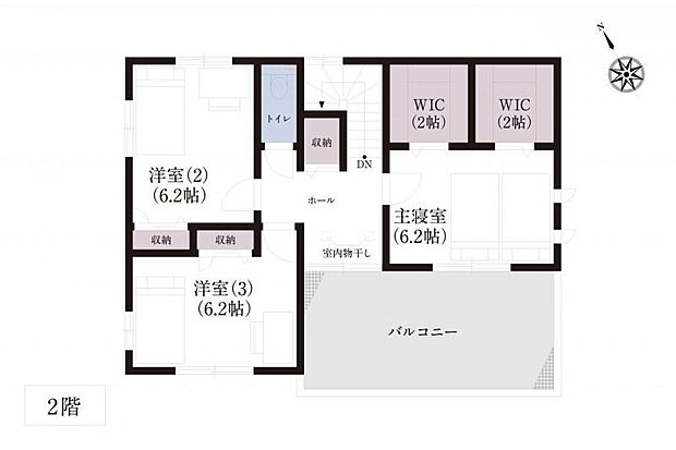No.5_間取り図2F 主寝室はウォークインクローゼットが2つあり、たっぷり収納できます。